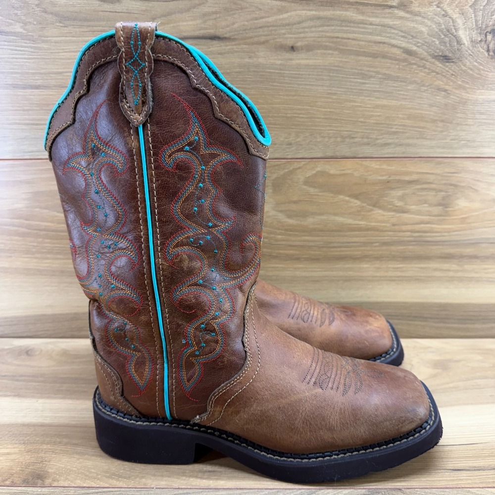 Justin Gypsy Cowgirl Boots Womens 8 B Brown Leather Square Toe Turquoise Rodeo